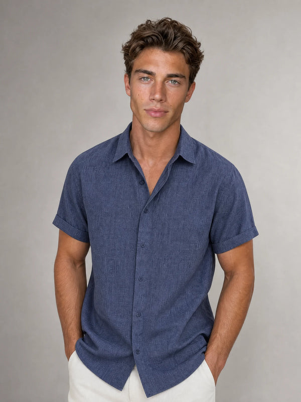 Men's royal blue short sleeve shirt with relaxed fit and lightweight summer style by ILYNORA