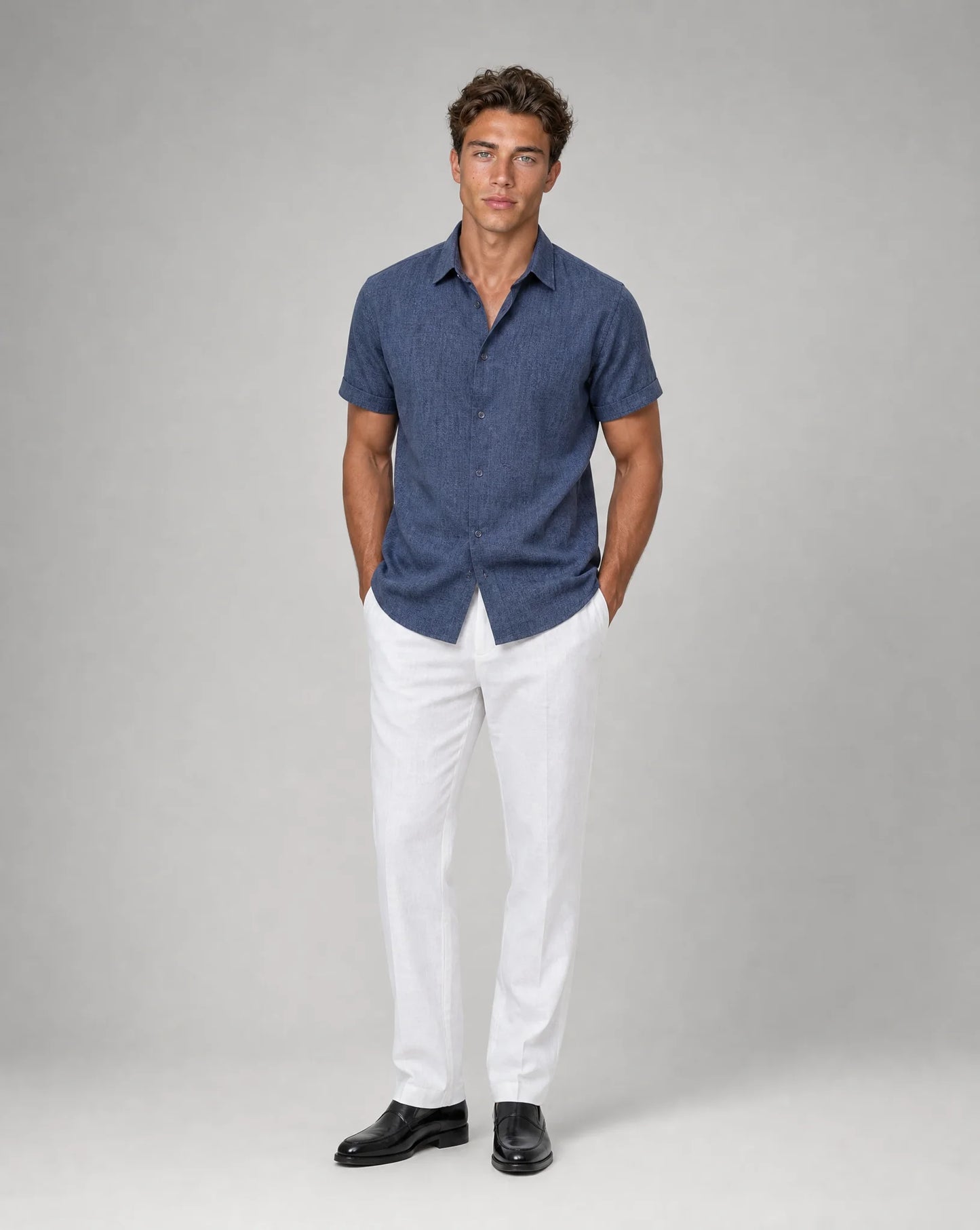 Men's royal blue casual short sleeve shirt with breathable fabric and smart casual look by ILYNORA
