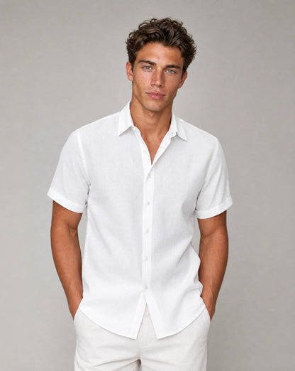 Men's white short sleeve shirt with clean design and timeless summer wardrobe style by ILYNORA