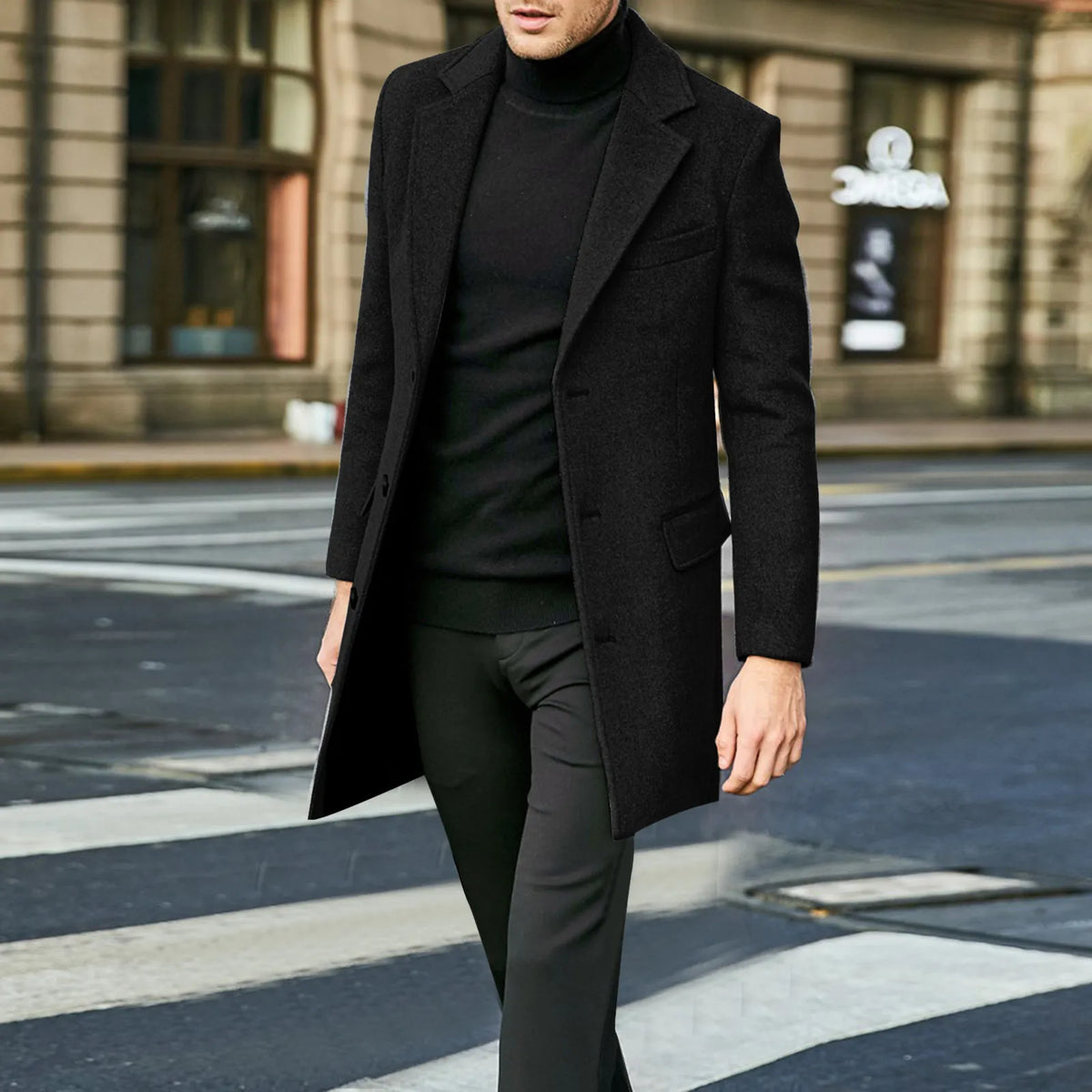 Men's Single Breasted Notched Lapel Long Overcoat