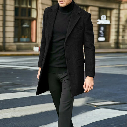 Men's Single Breasted Notched Lapel Long Overcoat