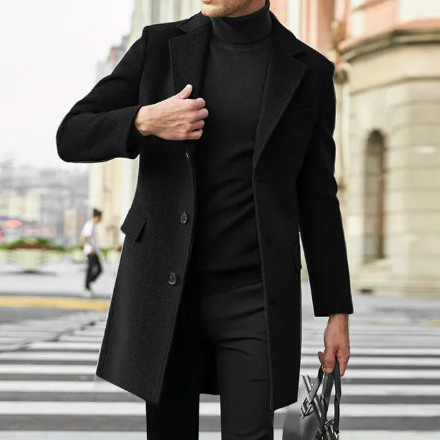 Men's Single Breasted Notched Lapel Long Overcoat