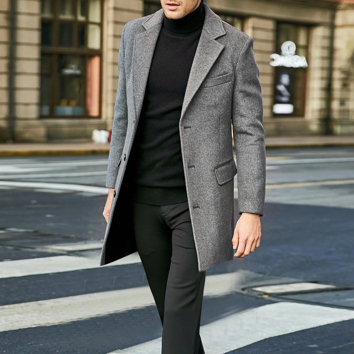 Men's Single Breasted Notched Lapel Long Overcoat