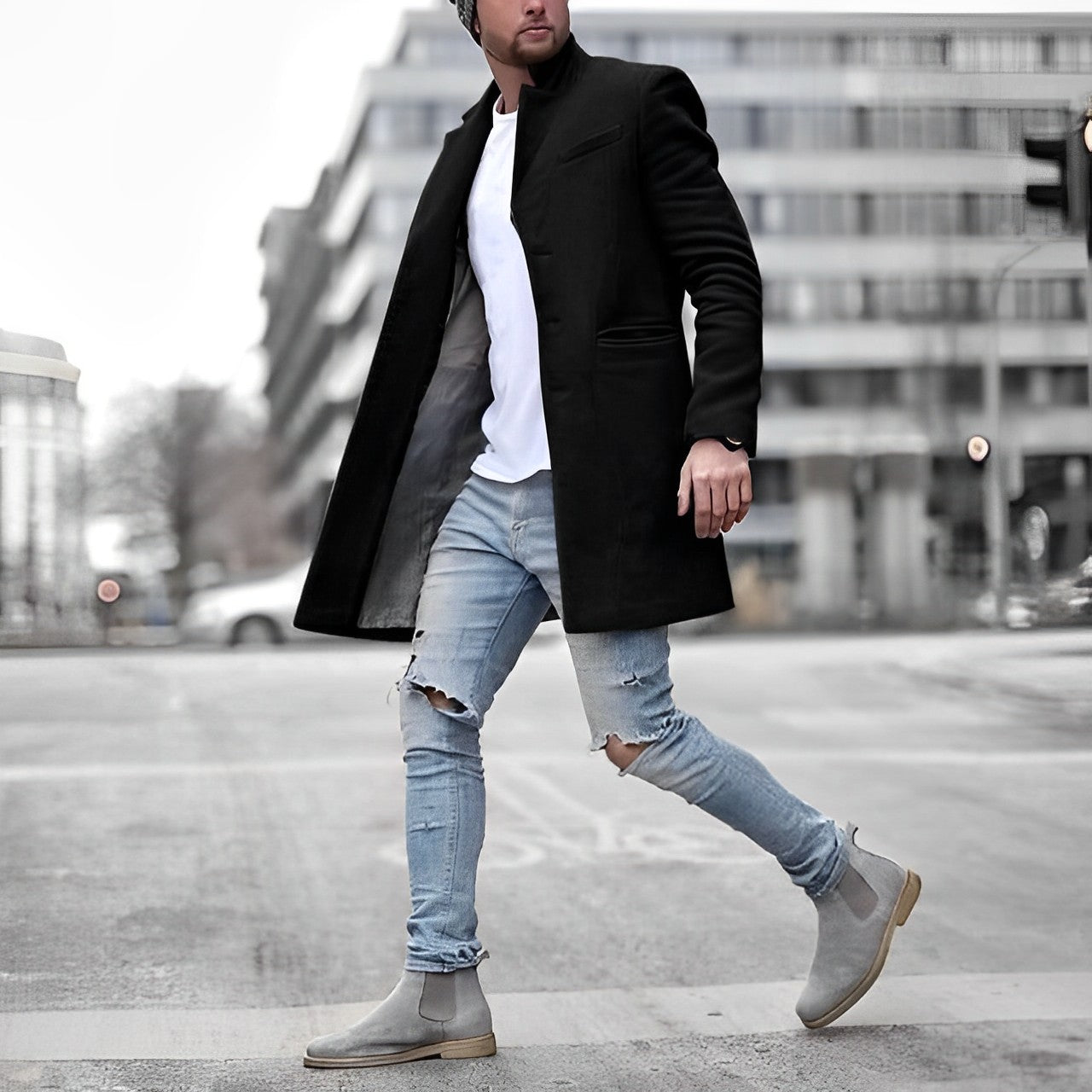 Men's Slim Fit Mid Length Stand Collar Overcoat
