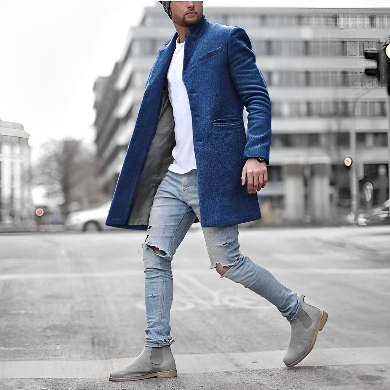 Men's Slim Fit Mid Length Stand Collar Overcoat