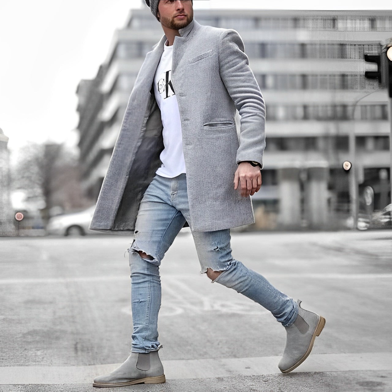 Men's Slim Fit Mid Length Stand Collar Overcoat