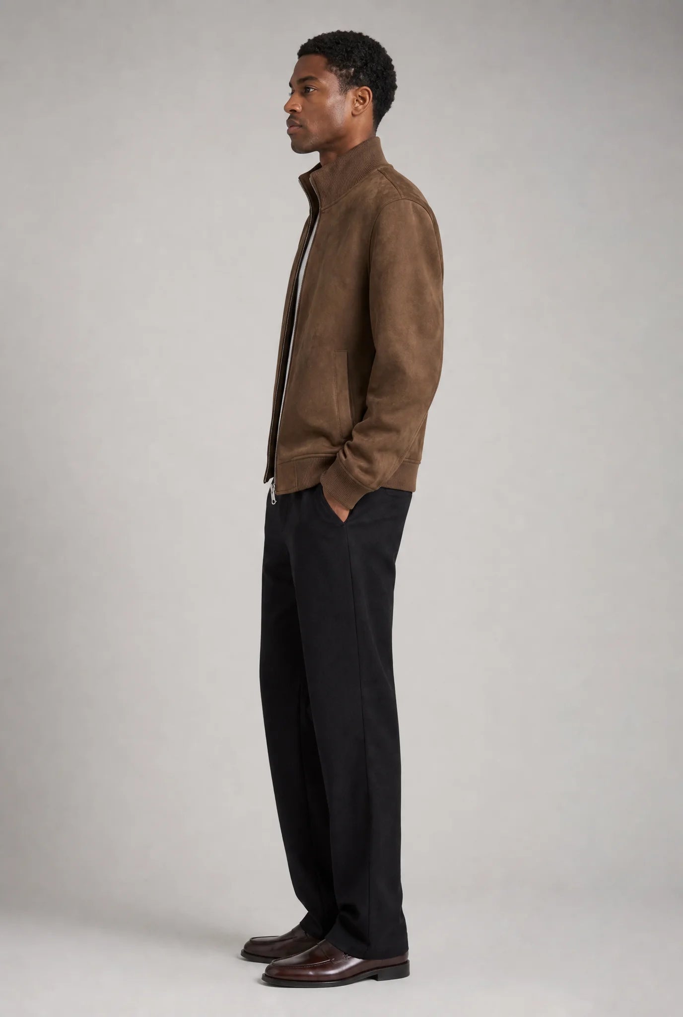 Brown slim fit suede jacket for men by Ilynora, side view showcasing the sleek tailored fit