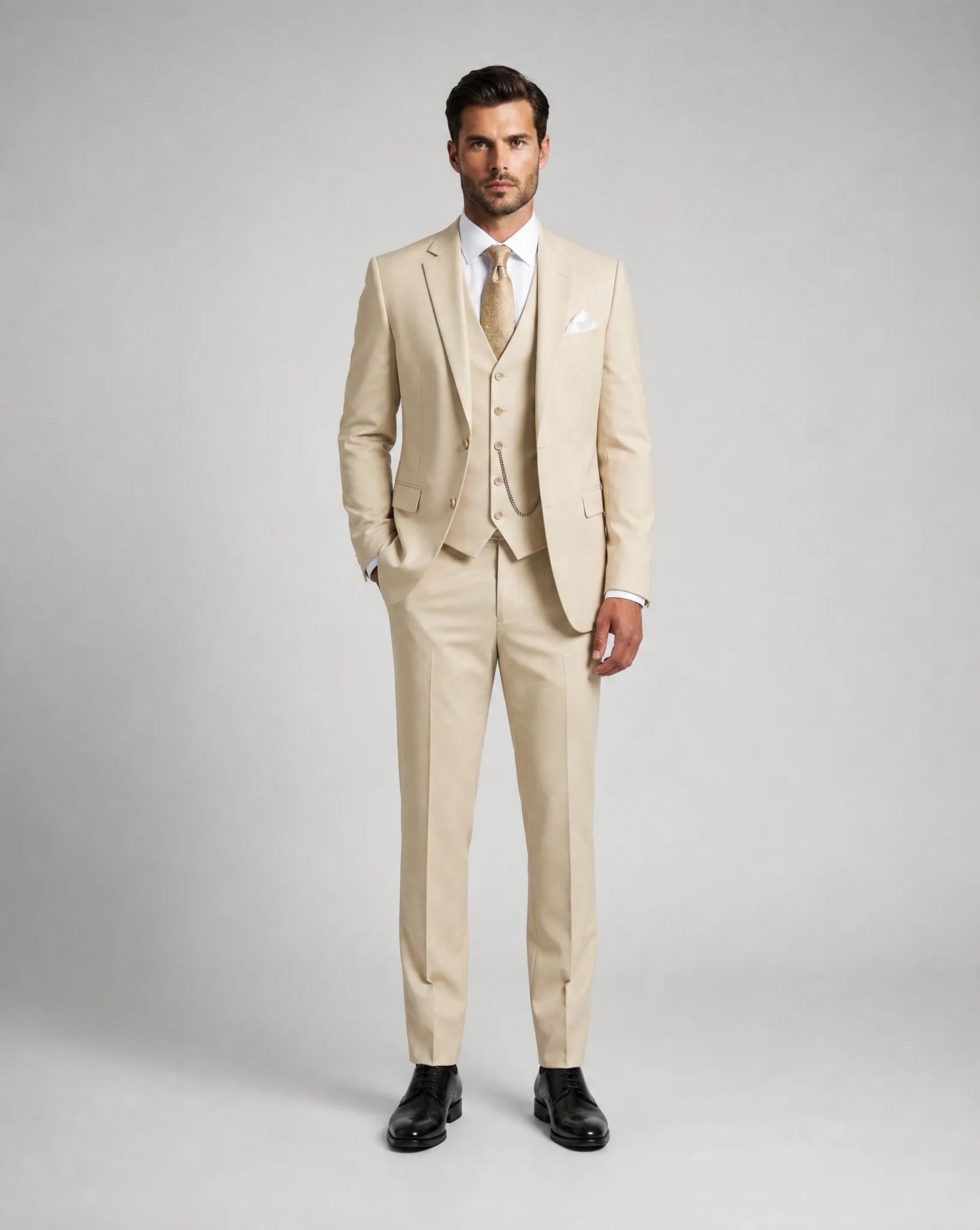 Beige slim fit three piece wedding suit with waistcoat and tailored trousers by ILYNORA