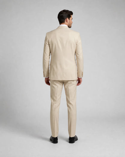 Beige slim fit three piece suit back view with modern tailored fit and formal styling by ILYNORA