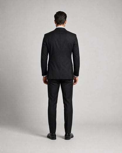 Black slim fit three piece suit back view with tailored fit and formal occasion styling by ILYNORA