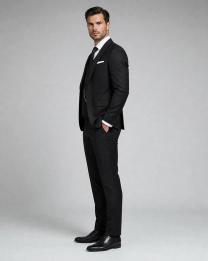 Black slim fit three piece wedding suit side view with modern tailored silhouette by ILYNORA