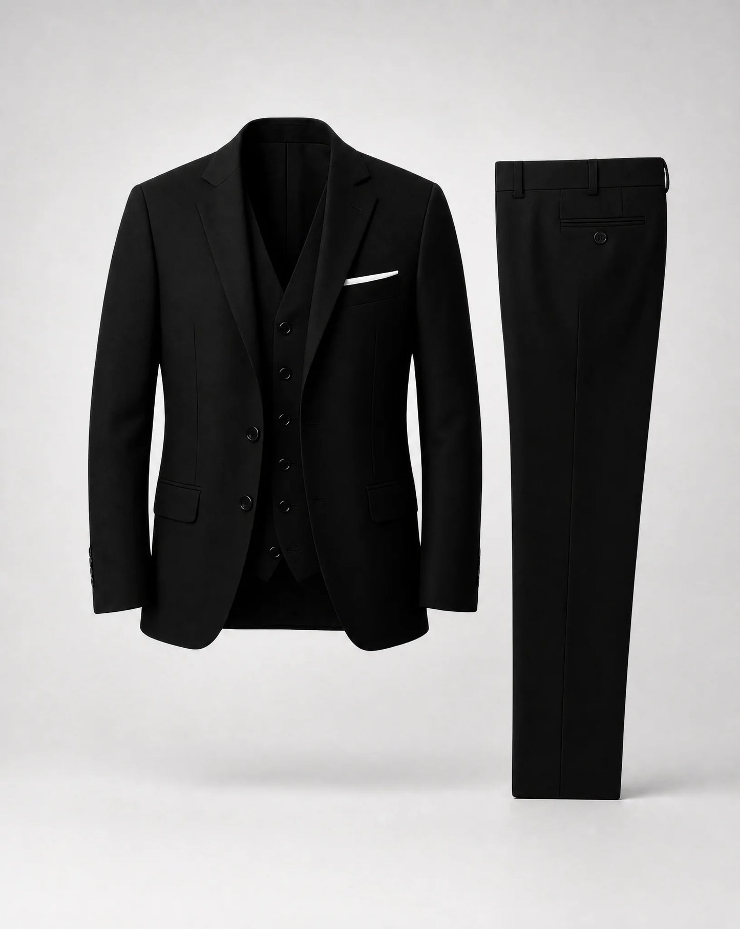 Black slim fit three piece suit set including blazer waistcoat and trousers by ILYNORA