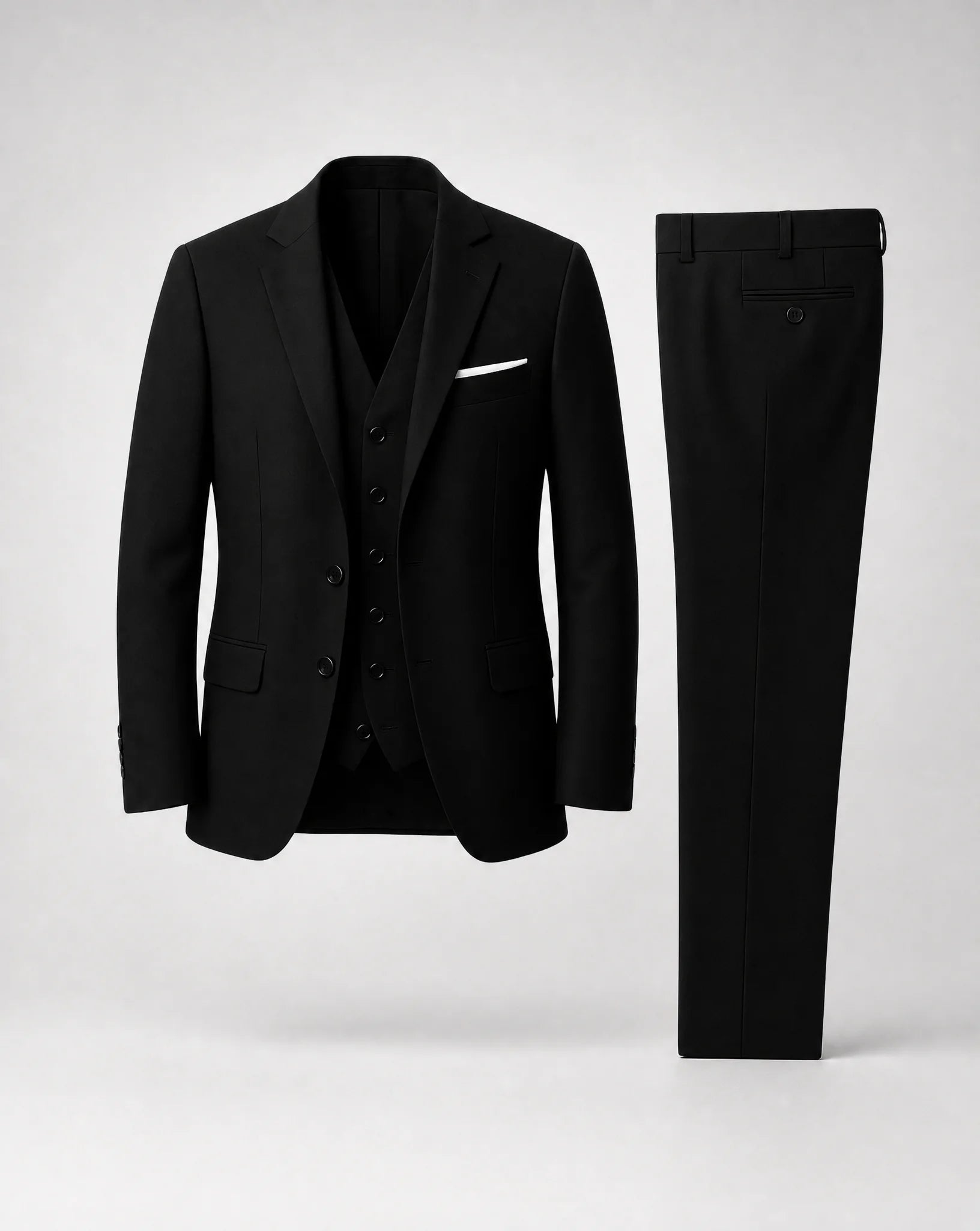 Black slim fit three piece suit set including blazer waistcoat and trousers by ILYNORA