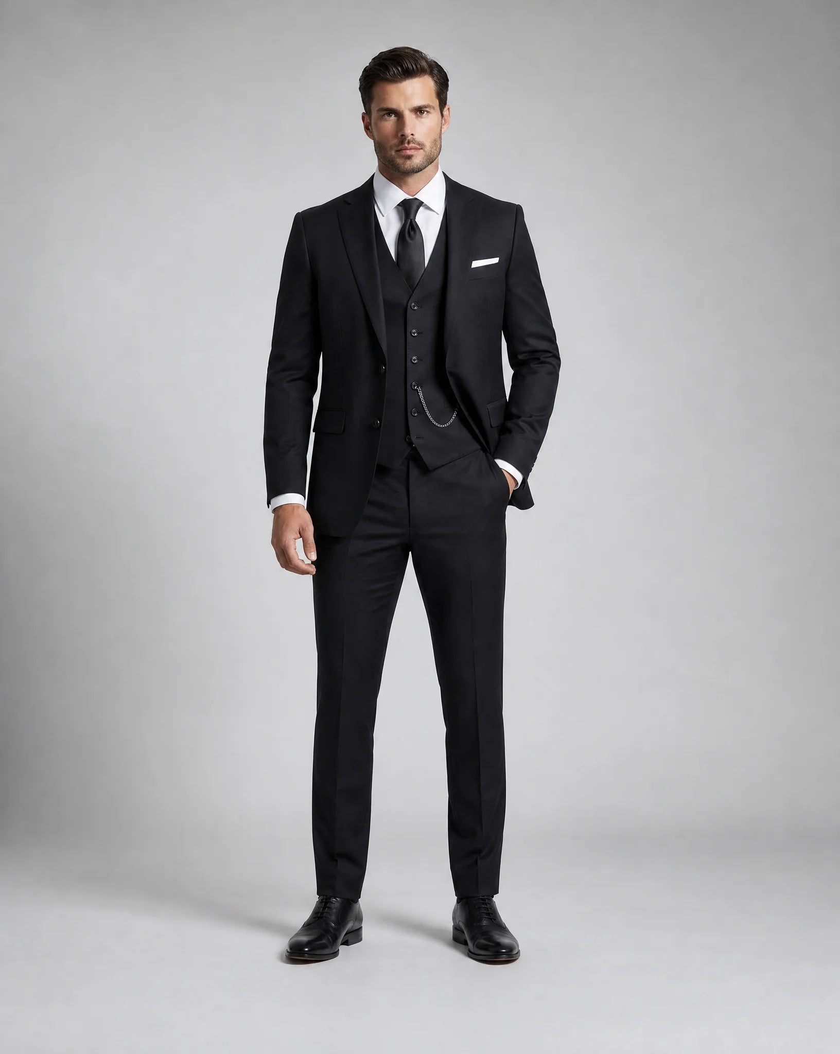 Black slim fit three piece wedding suit with tailored blazer waistcoat and trousers by ILYNORA