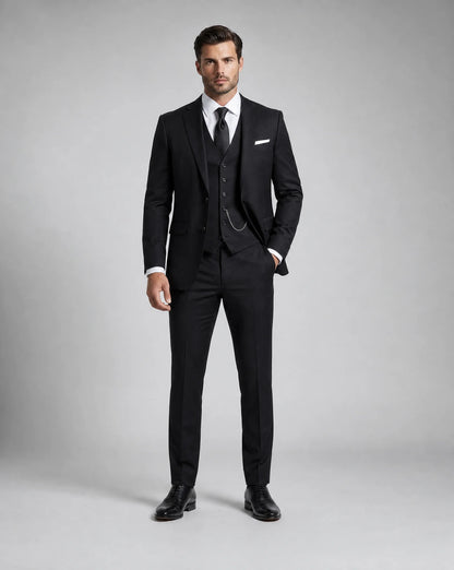 Black slim fit three piece wedding suit with tailored blazer waistcoat and trousers by ILYNORA