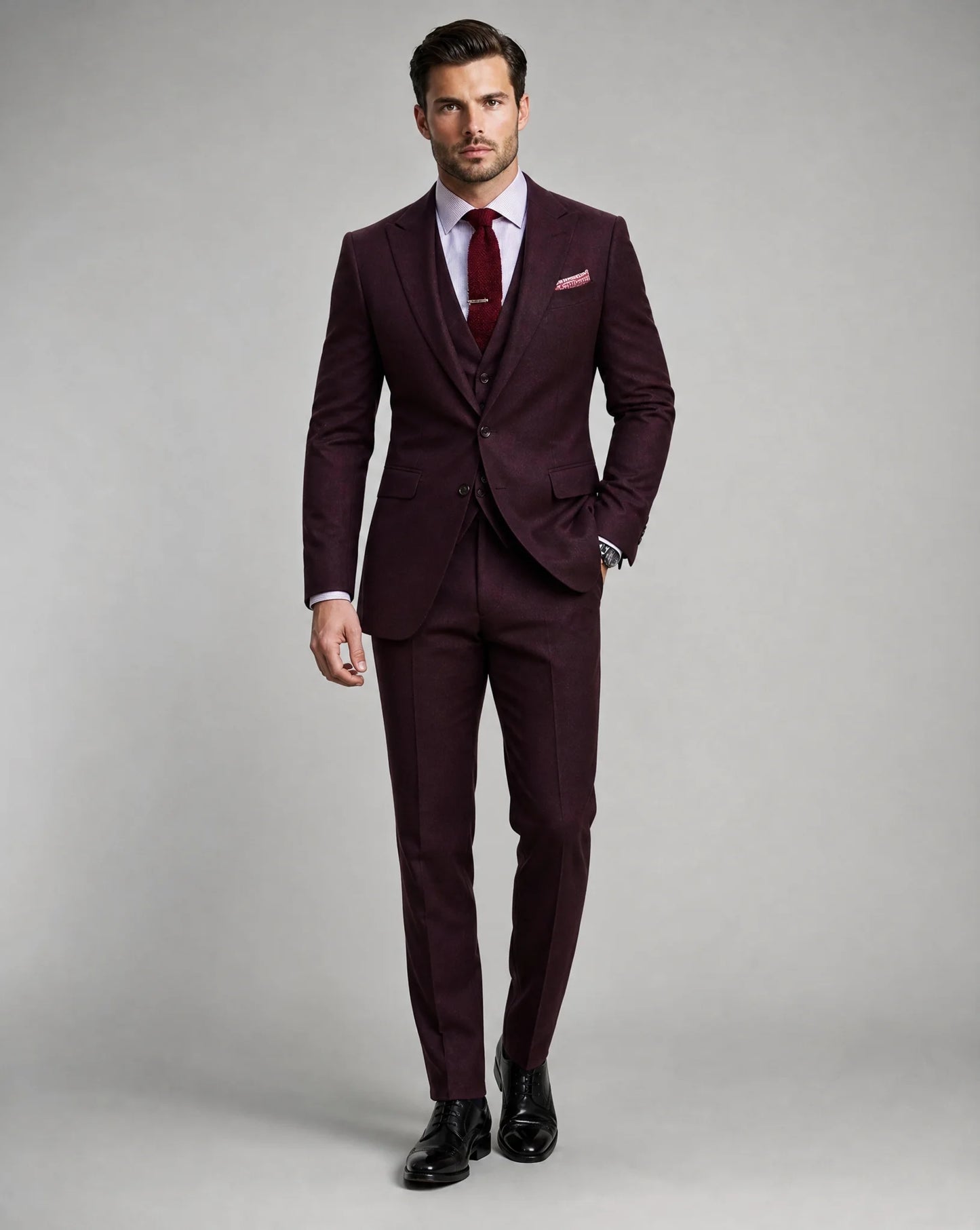 Burgundy slim fit three piece wedding suit with tailored formalwear styling by ILYNORA
