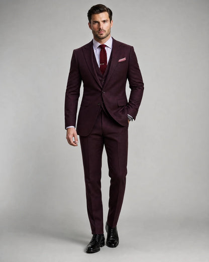 Burgundy slim fit three piece wedding suit with tailored formalwear styling by ILYNORA