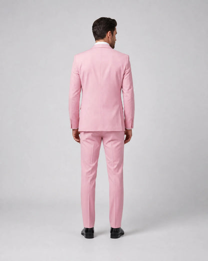 Pink slim fit three piece suit back view with modern formal occasion styling by ILYNORA