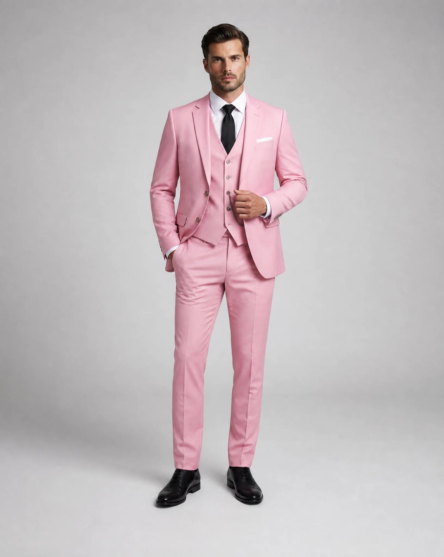 Pink slim fit three piece wedding suit with tailored blazer waistcoat and trousers by ILYNORA