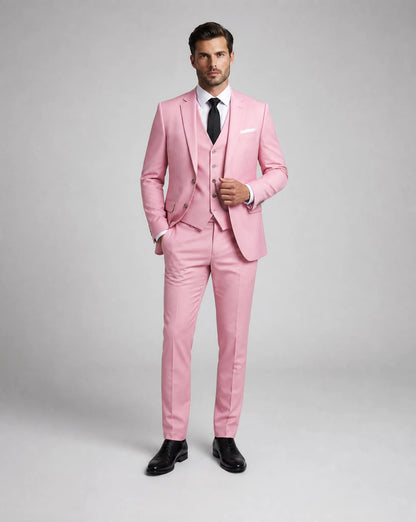 Pink slim fit three piece wedding suit with tailored blazer waistcoat and trousers by ILYNORA