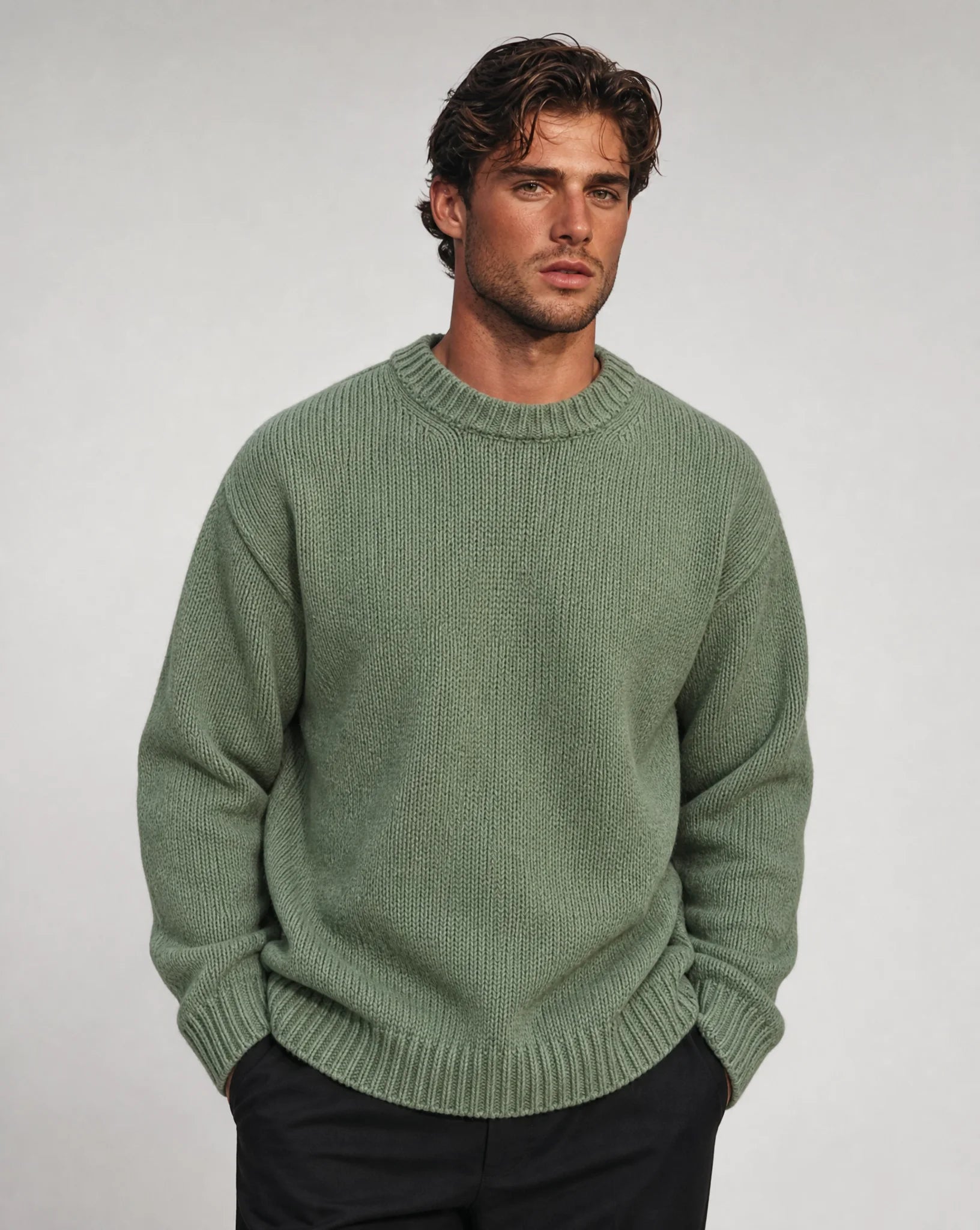 Men's army green solid crew neck pullover front view by ILYNORA