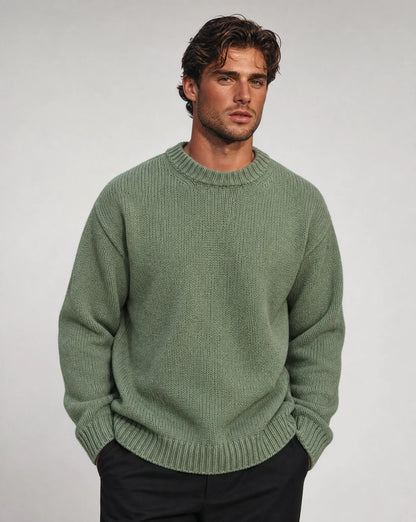 Men's army green solid crew neck pullover front view by ILYNORA