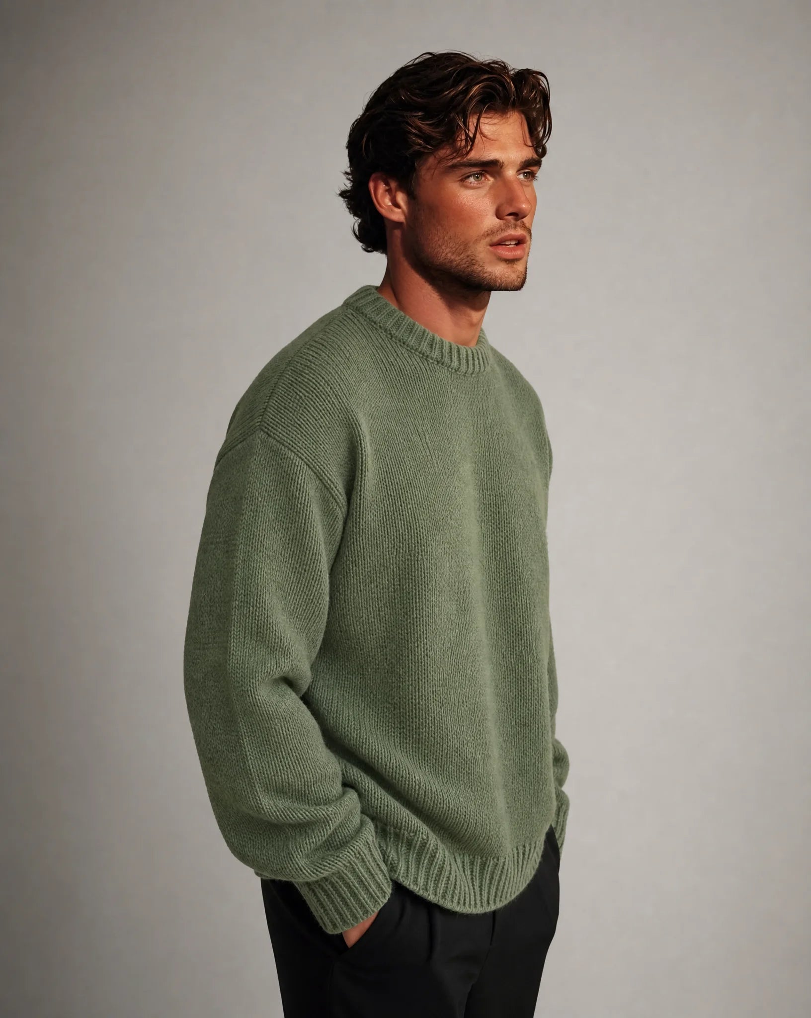 Men's army green solid crew neck pullover side view by ILYNORA