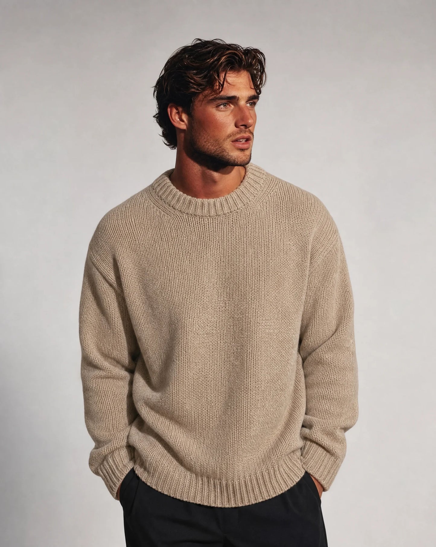 Men's beige solid crew neck pullover by ILYNORA