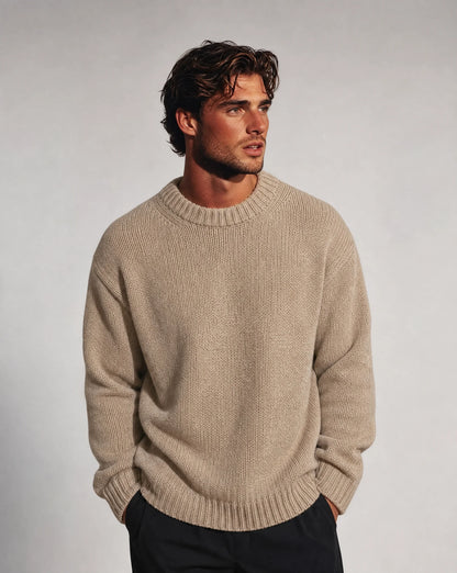 Men's beige solid crew neck pullover by ILYNORA