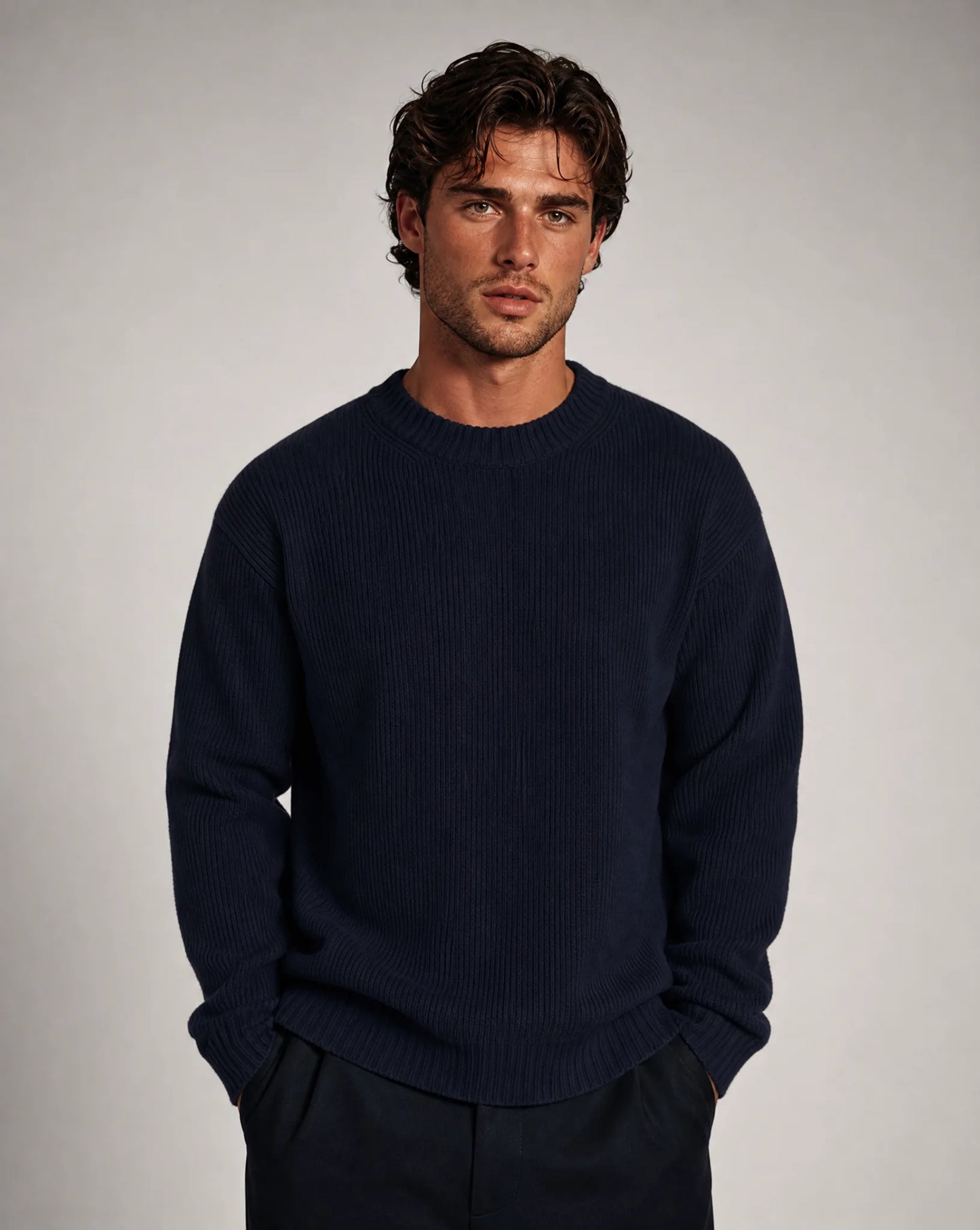Men's navy solid crew neck pullover by ILYNORA