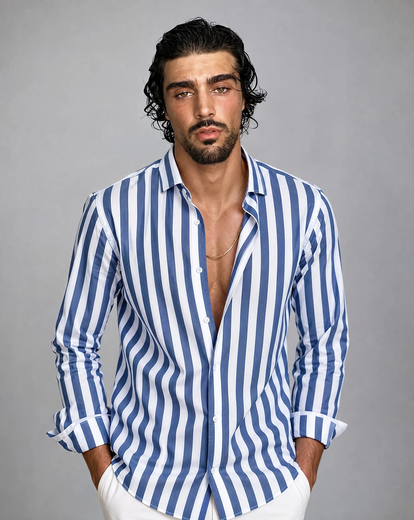 Men's blue striped button-up shirt by ILYNORA