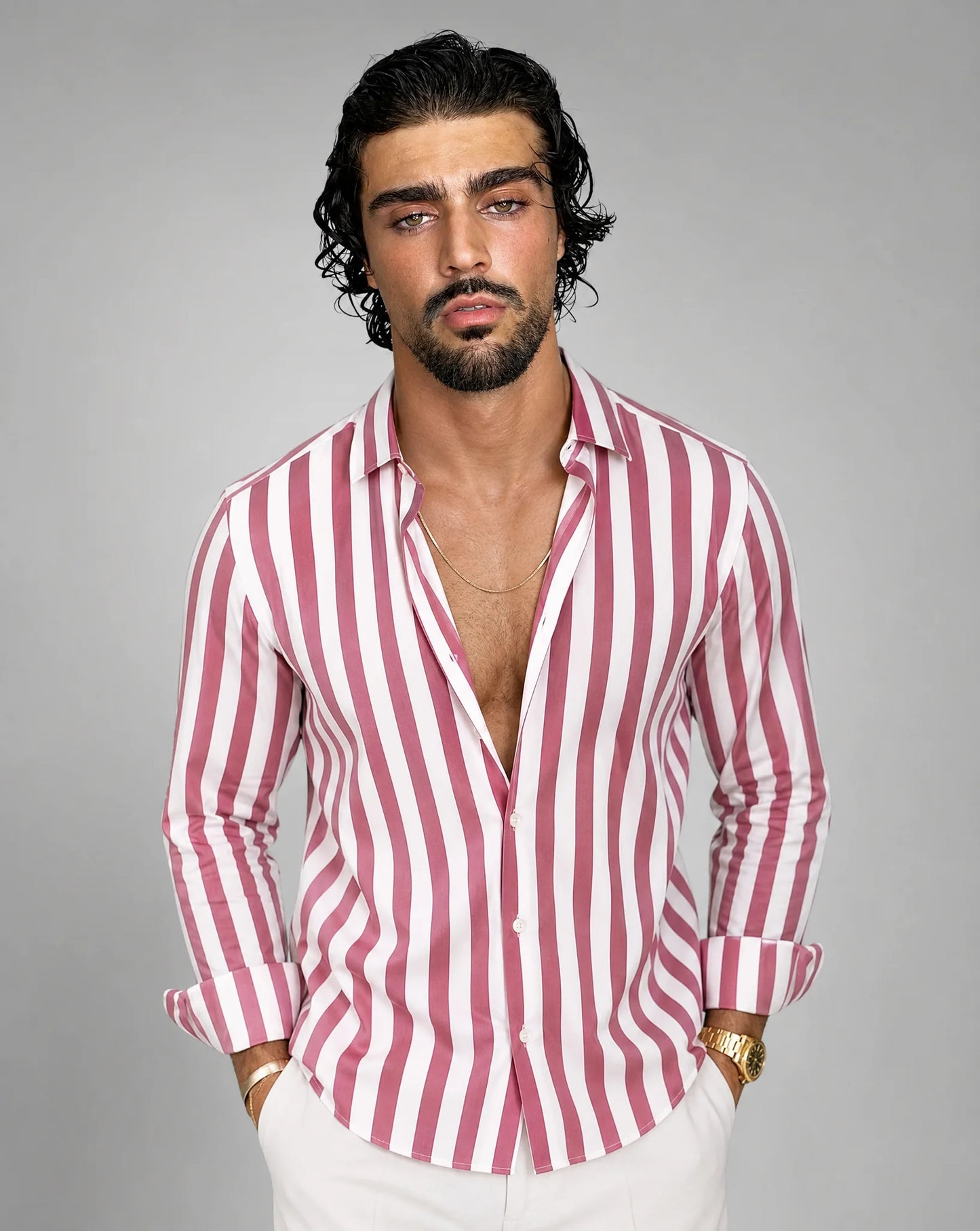 Men's dark pink striped button-up shirt by ILYNORA