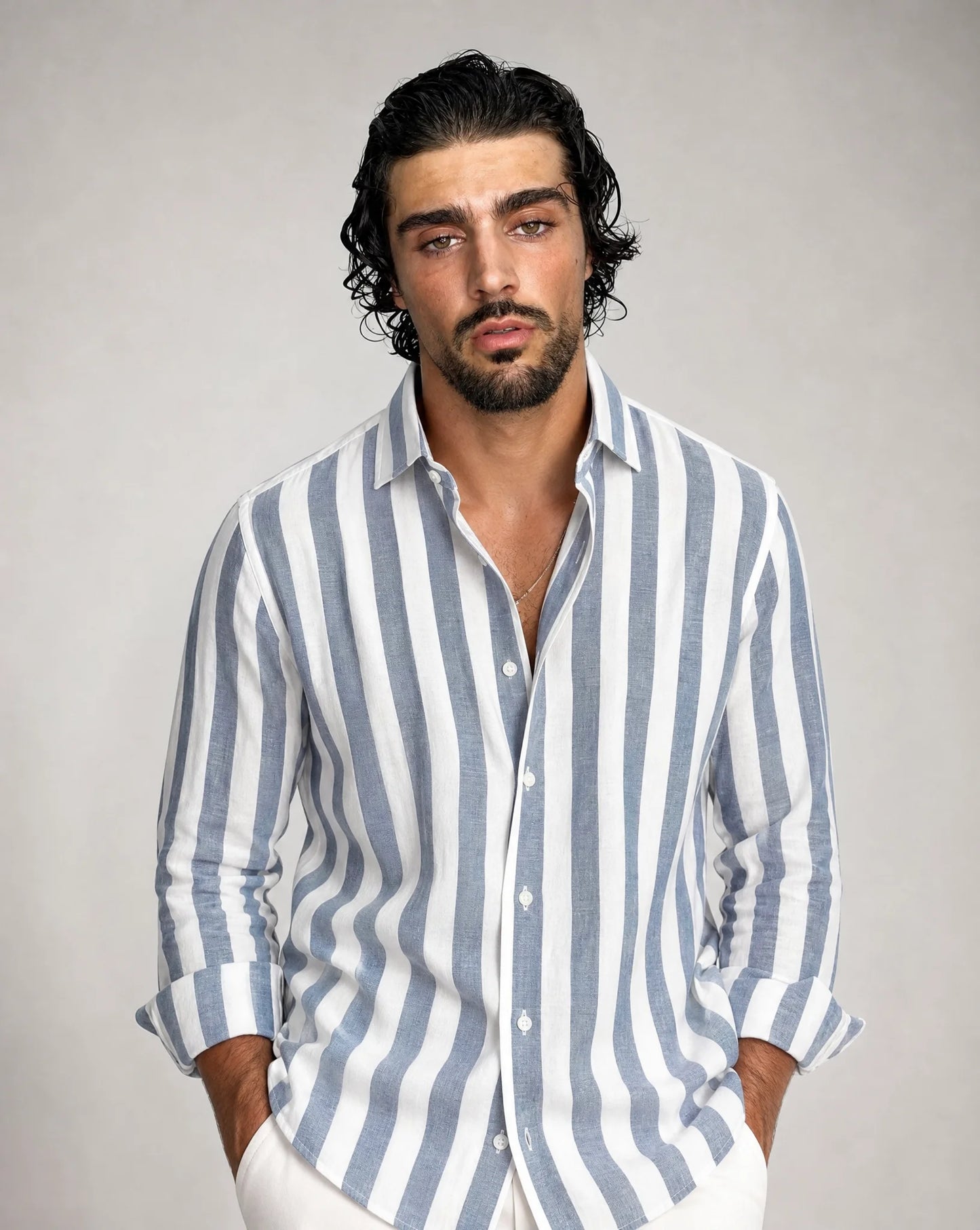 Men's floral blue striped button-up shirt by ILYNORA