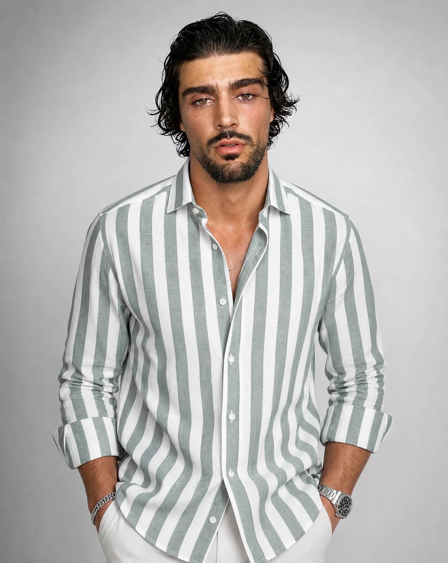 Men's green striped button-up shirt by ILYNORA