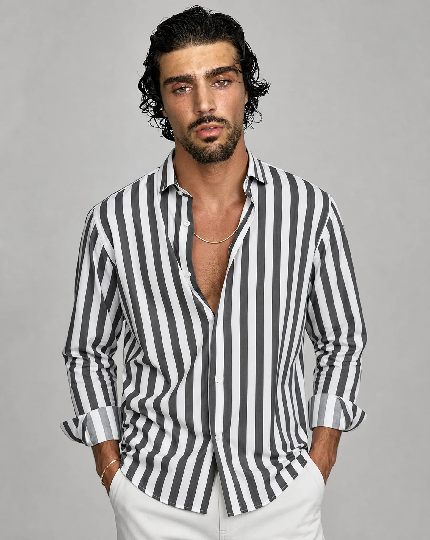 Men's grey striped button-up shirt by ILYNORA
