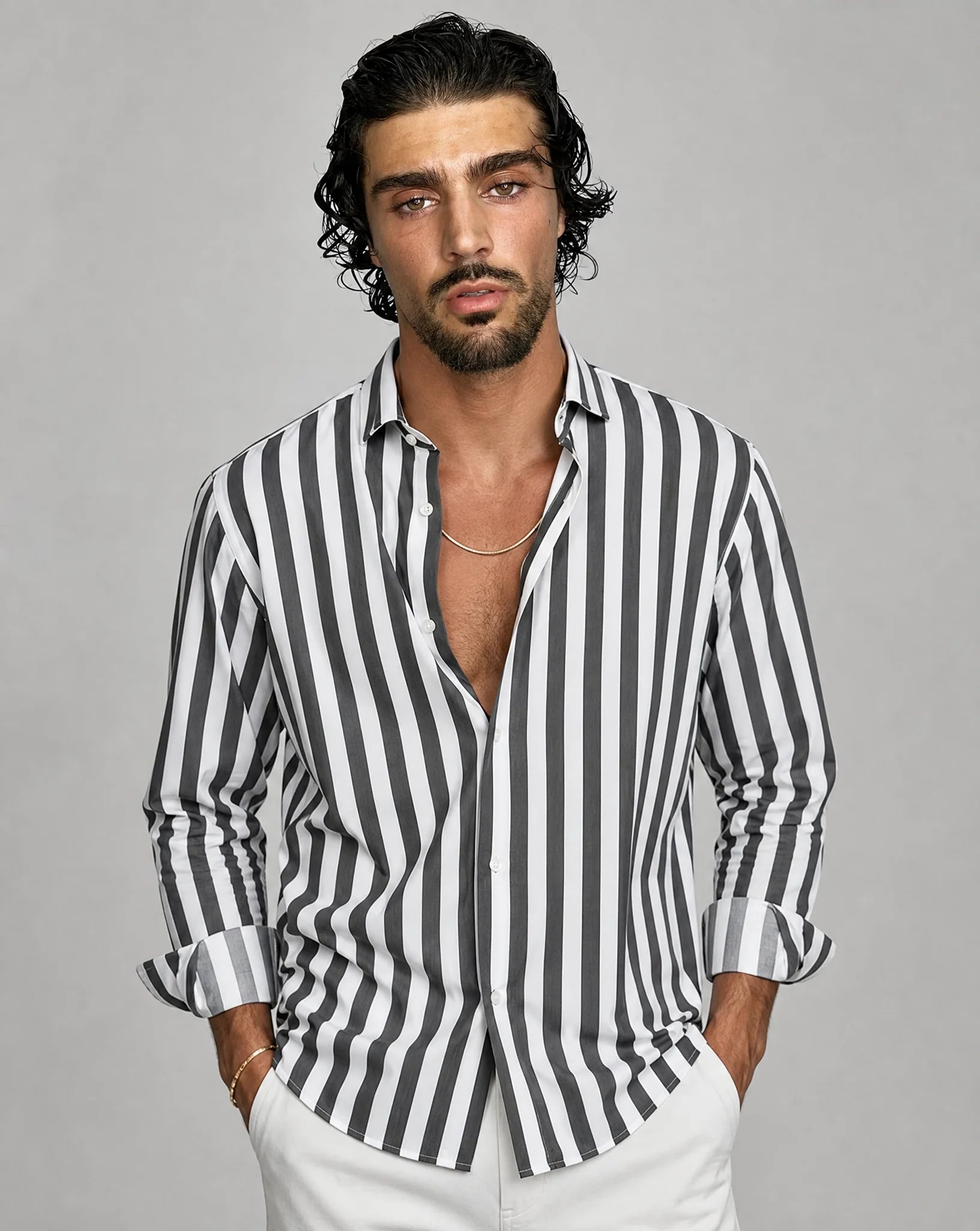 Men's grey striped button-up shirt by ILYNORA