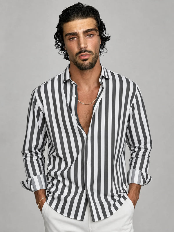Men's grey striped button-up shirt by ILYNORA