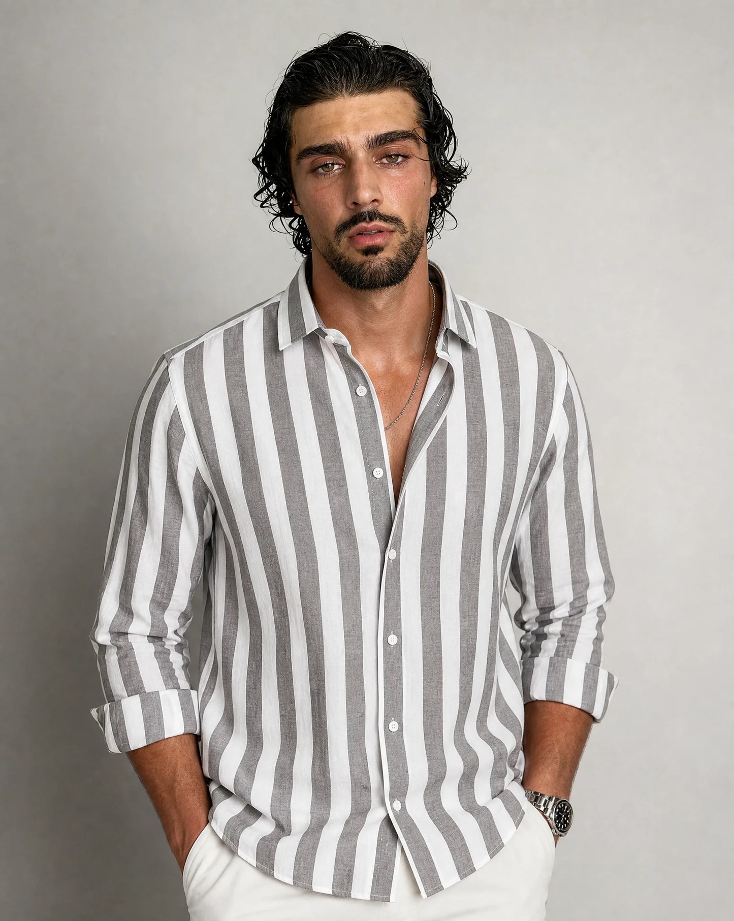Men's khaki striped button-up shirt by ILYNORA