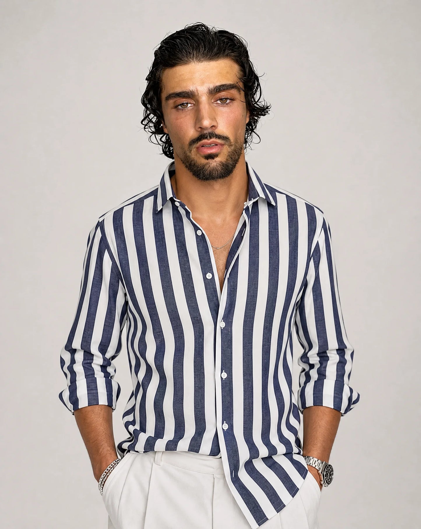 Men's navy blue striped button-up shirt by ILYNORA