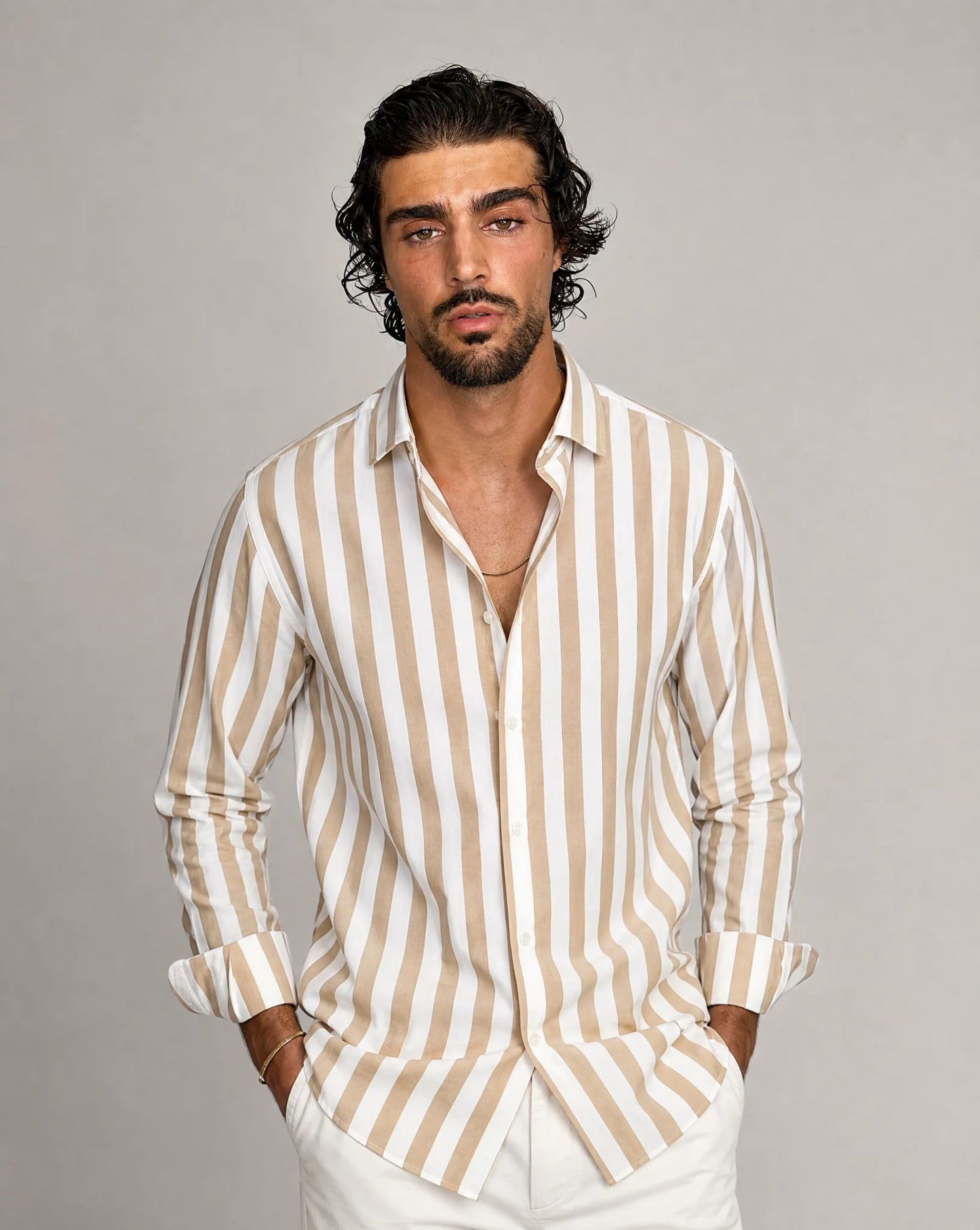 Men's yellow striped button-up shirt by ILYNORA