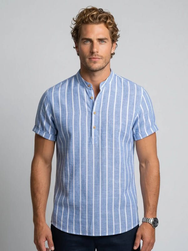 Men's striped sailor cotton polo shirt in blue by Ilynora, front view with vertical stripes and relaxed fit