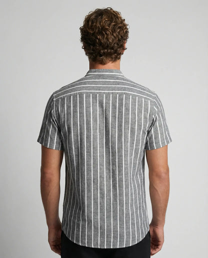 Grey striped cotton polo shirt by Ilynora, back view showing breathable fabric and refined look