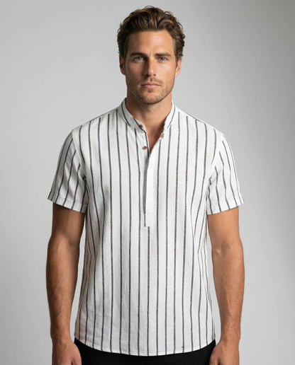 Men's striped sailor cotton polo shirt in white by Ilynora, front view with vertical stripes and modern fit