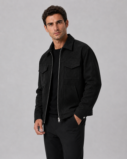 Men’s Suede Utility Jacket – Loose Fit Zip Design