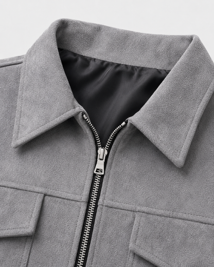 Men’s Suede Utility Jacket – Loose Fit Zip Design