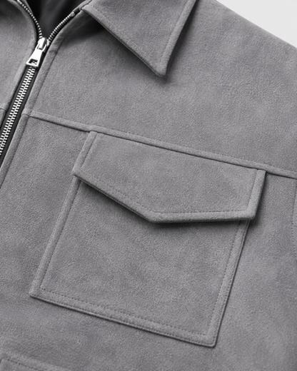Men’s Suede Utility Jacket – Loose Fit Zip Design
