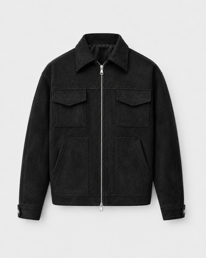Men’s Suede Utility Jacket – Loose Fit Zip Design