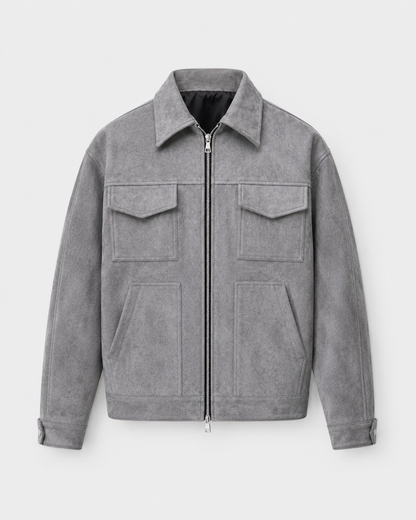 Men’s Suede Utility Jacket – Loose Fit Zip Design
