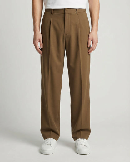 Brown tailored wide leg trousers for men by Ilynora, front view with relaxed fit and contemporary style