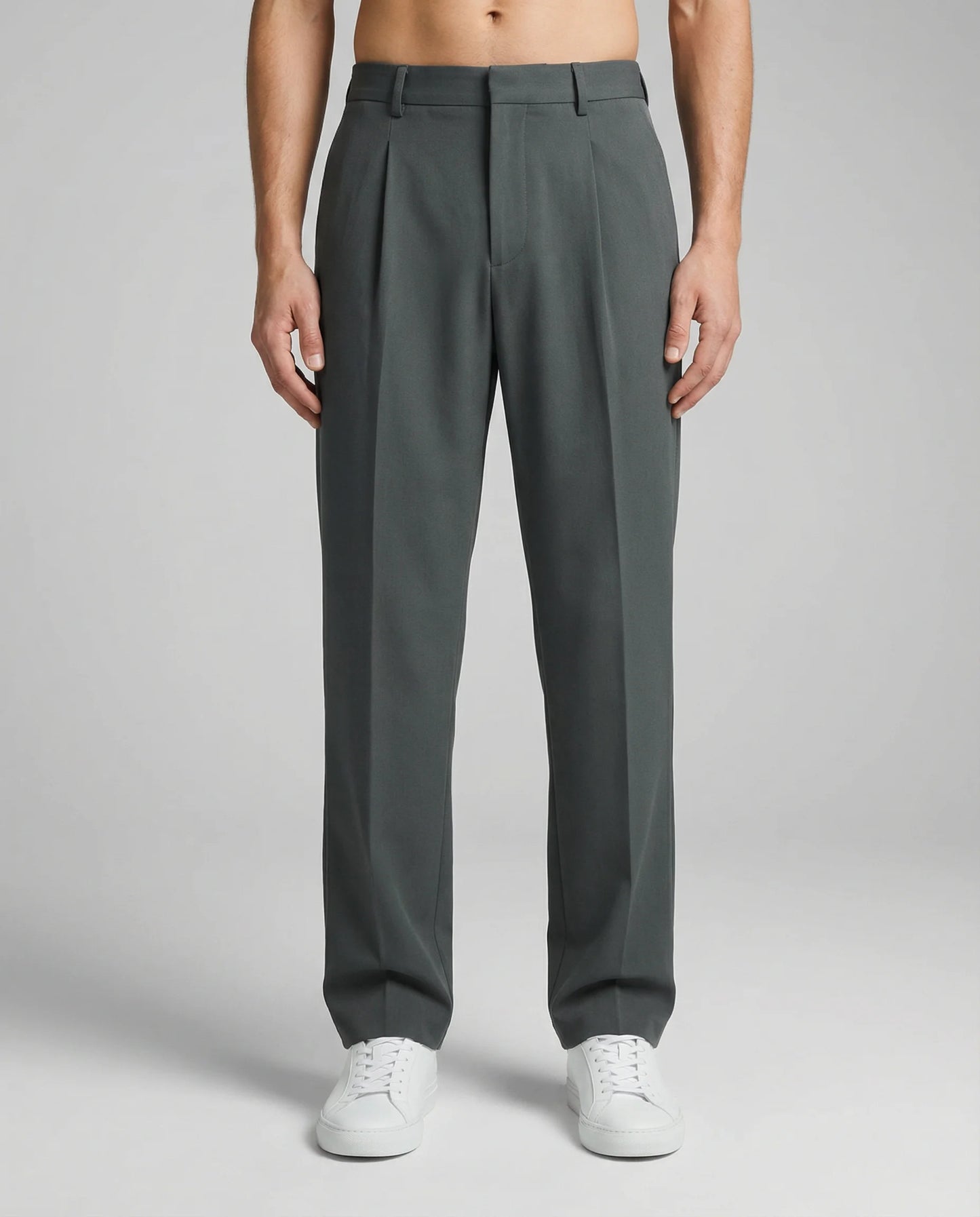Grey tailored wide leg trousers for men by Ilynora, front view with modern silhouette and soft drape